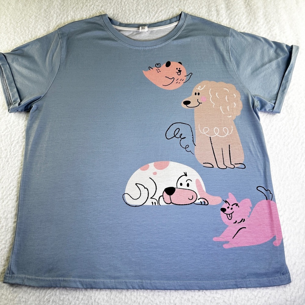 Pixie Lady Dog Graphic Tee Womens 1X Blue Cartoon Puppy Poodle Jersey T-Shirt